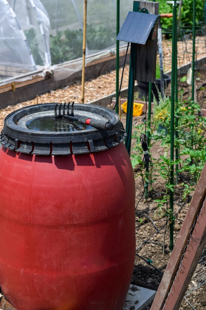 Rain barrel in a community garden
