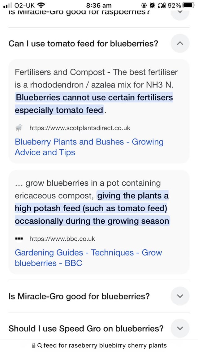 Help! I have a planted a blueberry and a raspberry next to each other and am looking at food for them but am getting conflicting advice. I was just going to use some tomato liquid feed in water? They are also near a rose. Any advice please & thank you!